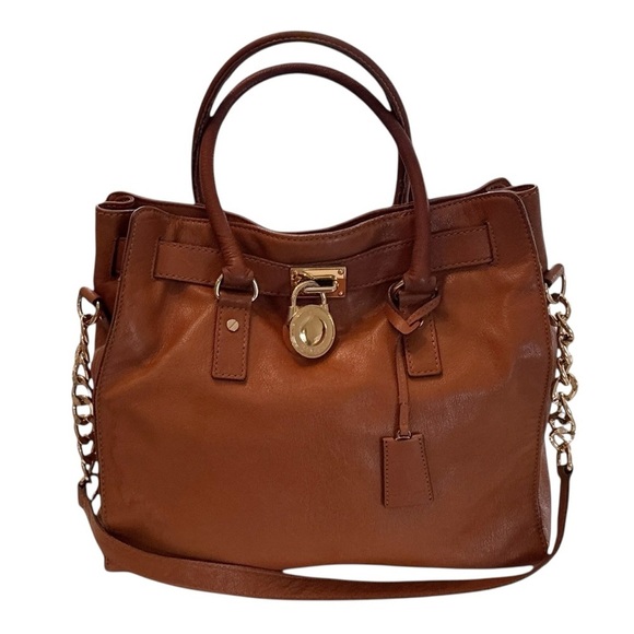 Michael MICHAEL East West Brown Leather With Gold Lock Shoulder Bag Satchel Tote - Picture 1 of 11